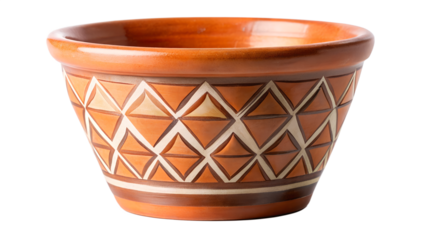 A decorative ceramic bowl with an orange and white geometric pattern isolated on a transparent background showcasing its design