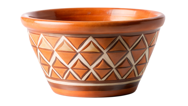 A decorative ceramic bowl with an orange and white geometric pattern isolated on a transparent background showcasing its design