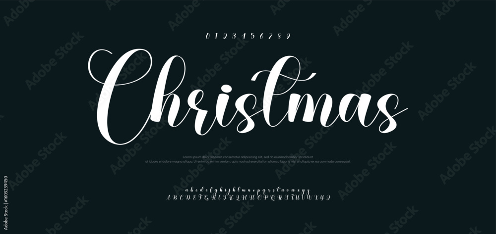 Poster christamas signature font uppercase lowercase and number. calligraphy logotype script brush font typ