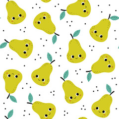 Cute pear seamless pattern in kawaii style,vector illustration.