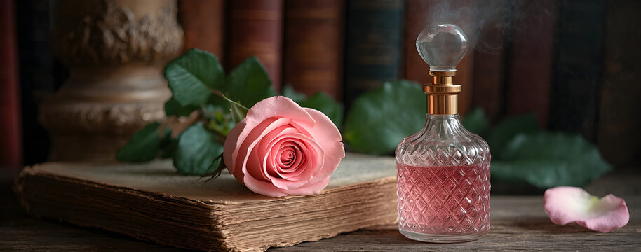 Pink Rose and Vintage Perfume Bottle on Old Book, vintage wooden table, antique atmoshere