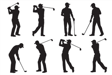 Golf Player Silhouettes Set, Black Vector Icons of Golfer Poses and Swing Stances, Perfect for Sports Design, Logos, and Athletic Projects