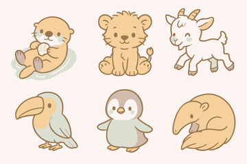 Cartoon pastel icons of cute animals: otter, lion cub, baby goat, toucan, penguin chick, and anteater. Soft tones, transparent background, no text.