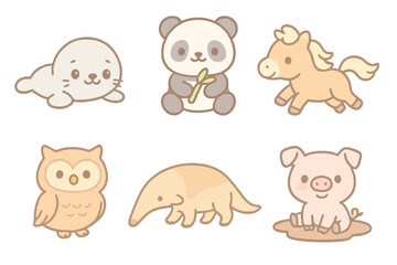 Obraz premium Adorable cartoon baby animals in pastel colors, perfect for children’s designs, stickers, UI kits and stock illustrations. No text included.