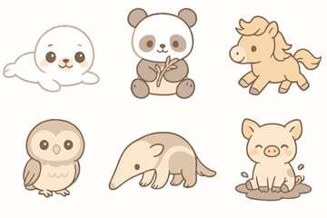 Cartoon pastel icons of cute animals: baby seal, panda, miniature horse, owl, anteater, and piglet. Soft tones, clean lines, transparent background.