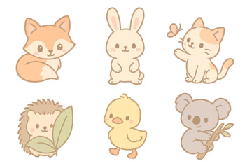 Cartoon icons of cute animals: fox, bunny, kitten, hedgehog, duckling, and koala. Soft colors, clean lines, no text, transparent background.