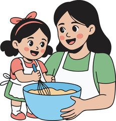 Mother and Daughter Baking Illustration: Family Activity and Cooking Together Art
