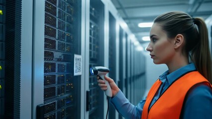 Data Center Technician Scanning QR Code - Powered by Adobe