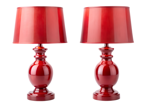 Elegant pair of red lamps with glossy finish and matching shades on a transparent background - Powered by Adobe