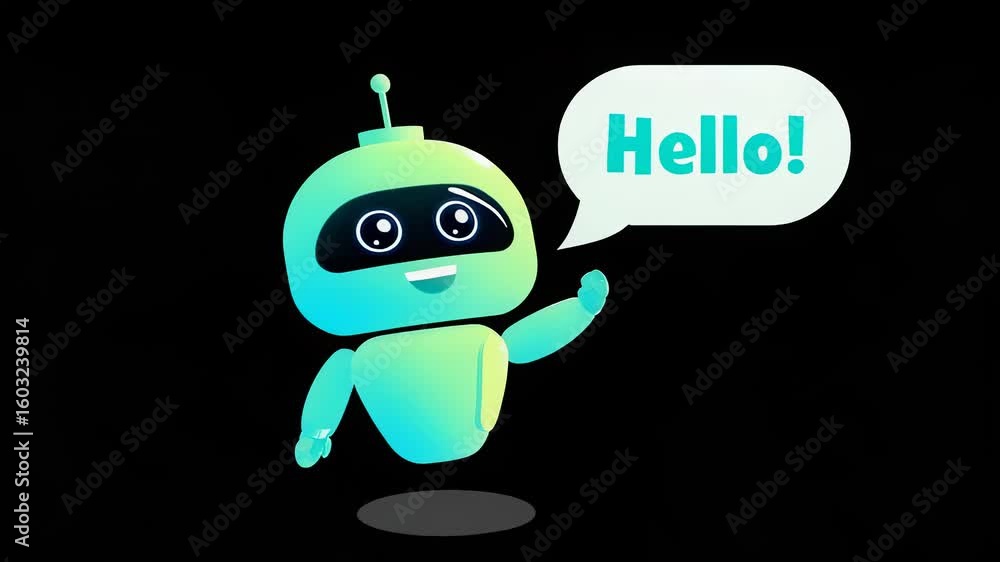 Poster friendly 3d robot waving hello with speech bubble on black background