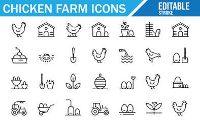 Editable icons for poultry farming, egg production, and agricultural tools for farm projects