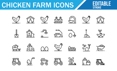 Set of icons for chicken farming including livestock, farming equipment, and egg collection