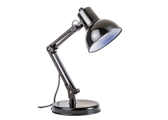 A black adjustable desk lamp with a flexible arm isolated on white isolated on transparent background