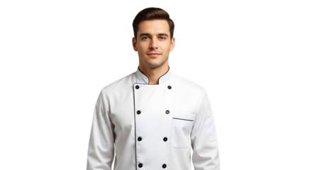 Young male chef in professional uniform isolated on transparent background