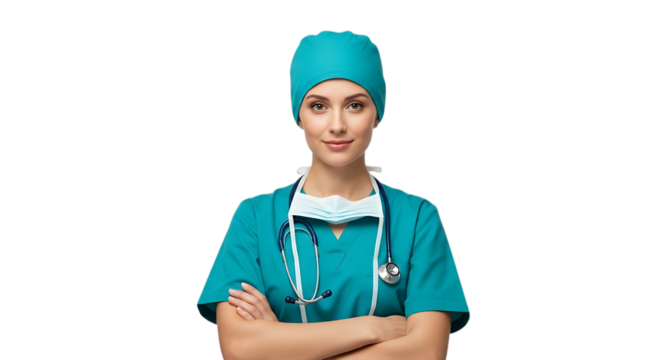 Female surgeon wearing scrubs and stethoscope isolated on transparent background - Powered by Adobe