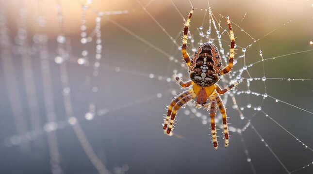 Macro shot of an orb-weaver spider meticulously spinning its web, showcasing delicate silk threads and natural precision &mdash; perfect for wildlife, biology, and nature photography themes.
