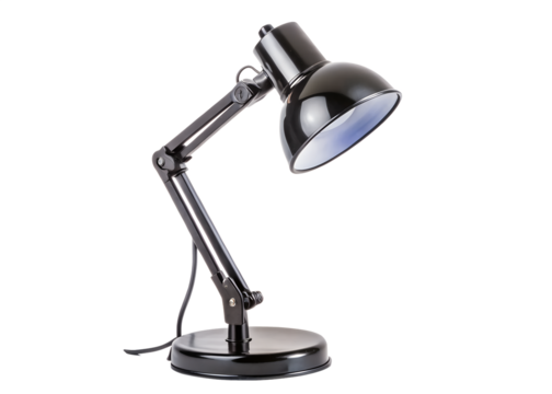 A black adjustable desk lamp with a flexible arm isolated on white isolated on transparent background