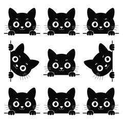 Nine cute black cat faces peeking from behind a surface silhouette