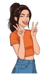 A fun image that conveys joy. Funny Girl Making a Peace or Victory Sign, Winking and Sticking Out Her Tongue. Youthful and Expressive Illustration. Illustration of a young woman with an outgoing attit