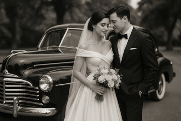 Elegant couple embracing near vintage car on wedding day