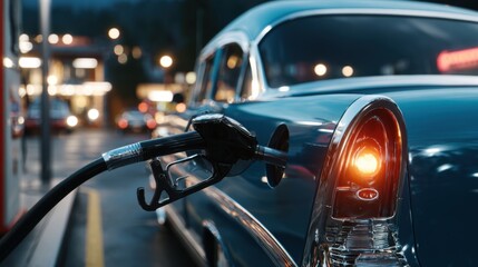 Naklejka premium Close-up of vintage car refueling at a nostalgic gas station, highlighting the nozzle and classic car details, evoking a retro Americana vibe.