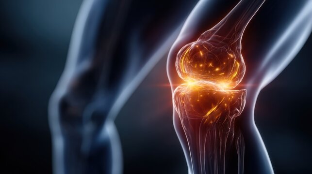 Detailed medical illustration of a human knee joint with glowing orange inflammation, symbolizing joint pain or arthritis, set against a sterile background.