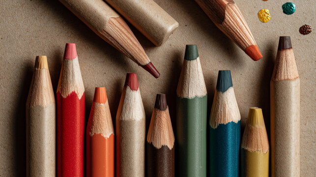 Artistic flat lay of colored pencils on craft paper