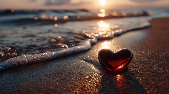 A shiny red heart on a sandy beach during sunset with gentle waves, evoking romance and tranquility, ideal for love-themed concepts. - Powered by Adobe