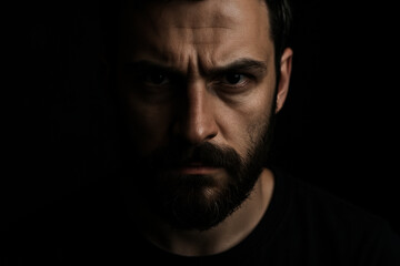 Bearded man showing annoyance on dark background