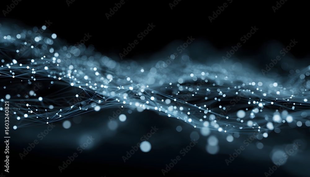 Poster futuristic data visualization with glowing nodes, illustrating advanced technology and connectivity.