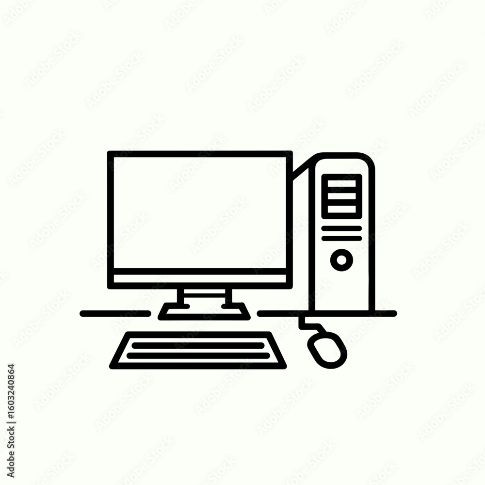 Poster computer setup with monitor, keyboard, and mouse in minimal style
