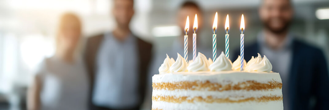 Celebration at the Office: Birthday cake lit with candles, celebrating with coworkers in the background, creating a festive and joyful atmosphere.