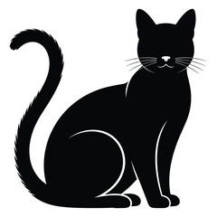 Black cat sitting with curled tail silhouette