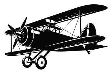 Black Silhouette Vector of Classic Biplane Airplane with Propeller and Wheels, Detailed Design