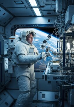 Astronaut Operating Scientific Equipment Inside Space Station with Earth View Through Window &ndash; High-Resolution Editorial Image for Space Exploration and Technology Branding