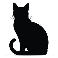 Black cat sitting and curled tail silhouette