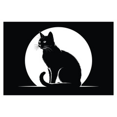 Black cat sitting in front of a large full moon silhouette