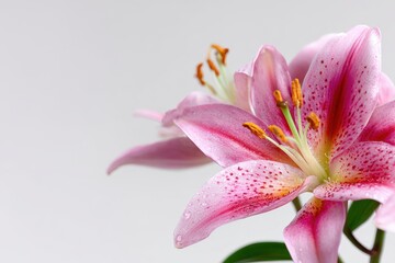 Fototapeta premium Pink lily on a white backdrop with space for text