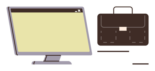 Desktop computer next to a briefcase, representing workspace tools, productivity, and organization. Ideal for business, professionalism, workplace management, technology, remote work study simple