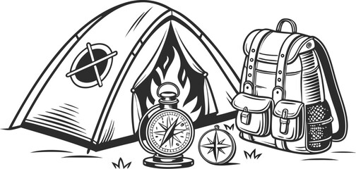 camping equipment outline black white vector