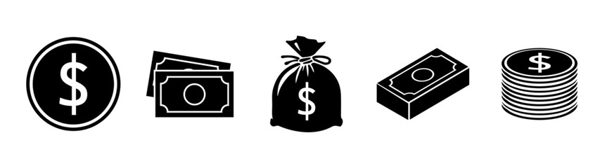 Money and Currency Icons Set in Black and White