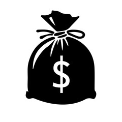 Money Bag with Dollar Sign and Rope Tie Icon in Black and White