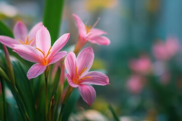 Fototapeta premium Pink rain lilies are flowering in a lush garden with a blurred backdrop