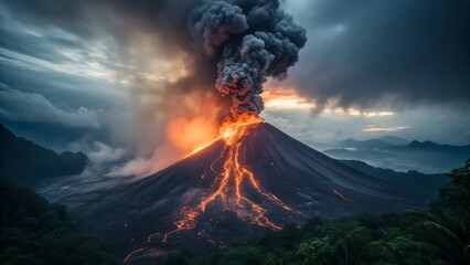 Majestic Volcano Eruption at Dusk with Lava Flows and Ash Plume