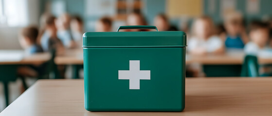 Classroom First Aid: A green first aid box with a white cross sits on a desk in a classroom setting with children in the background.