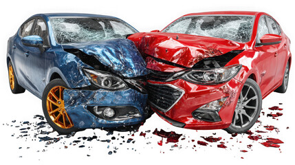 Two severely damaged cars a blue sedan and a red sedan are shown after a headon collision with shattered windshields and crumpled fronts isolated on transparent background