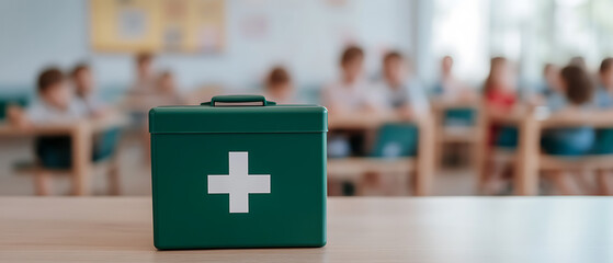 Classroom Safety: A green first aid kit sits ready on a desk in a classroom, ensuring quick response to student injuries. Preparedness for health incidents.