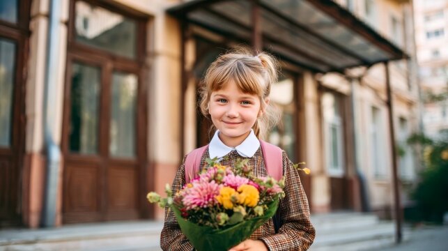 Smiling schoolgirl with a bouquet of flowers standing in front of a school building, ready for the first day of school.