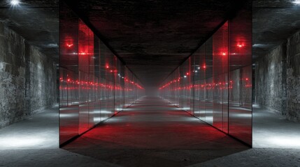 Infinite mirror corridor with ominous red warning lights flashing at the vanishing point.