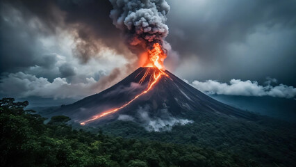 Fototapeta premium Volcano Eruption with Lava Stream and Thick Ash Cloud under Stormy Sky